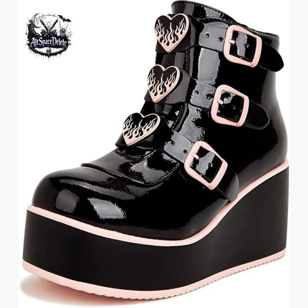 Platform Wedge Ankle Boots with Chunky Sole and Buckle Zipper Closure